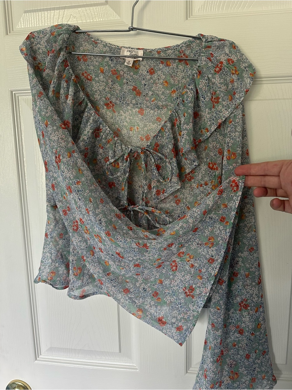 Dizzy Lizzie S Floral Ruffle Tie-Front Blouse - Light Blue with Orange Floral - Picture 2 of 5